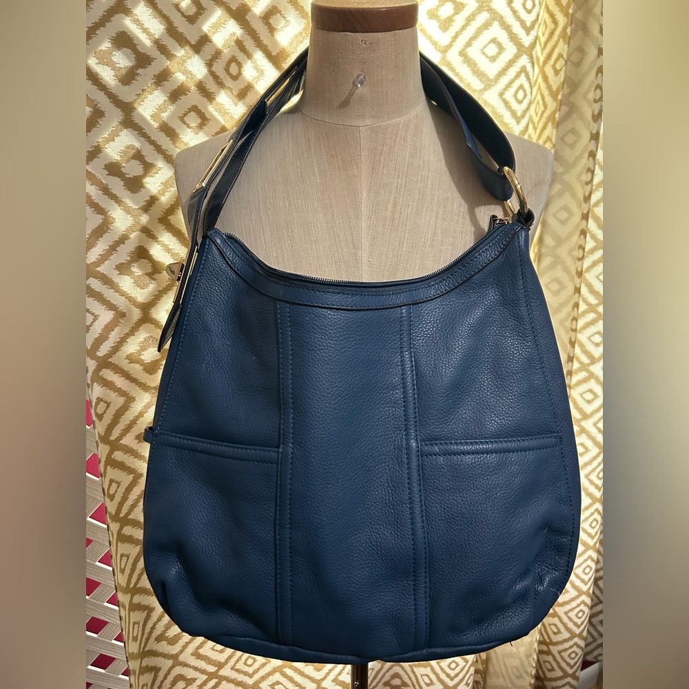 Tignanello Navy Blue Pebbled Leather Hobo with Gold Hardware